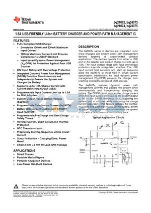 BQ24072 datasheet - 1.2A USB-FRIENDLY Li-Ion BATTERY CHARGER AND POWER-PATH MANAGEMENT IC