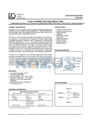 ALD1101 datasheet - DUAL N-CHANNEL MATCHED MOSFET PAIR