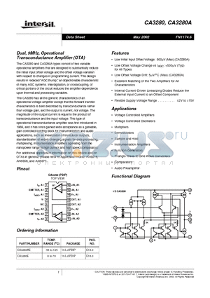 CA3280_02 datasheet - Dual, 9MHz, Operational Transconductance Amplifier (OTA)