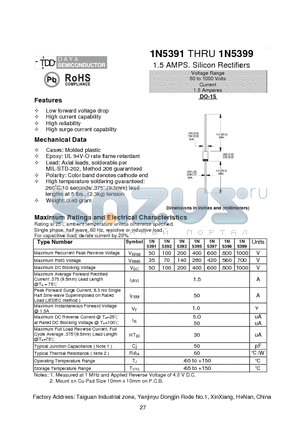 1N5398 datasheet - 1.5 AMPS. Silicon Rectifiers