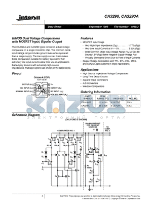 CA3290AE datasheet - BiMOS Dual Voltage Comparators with MOSFET Input, Bipolar Output