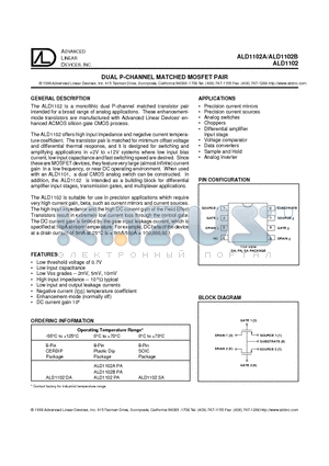 ALD1102A datasheet - DUAL P-CHANNEL MATCHED MOSFET PAIR