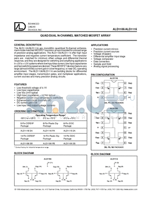 ALD1106 datasheet - QUAD/DUAL N-CHANNEL MATCHED MOSFET ARRAY
