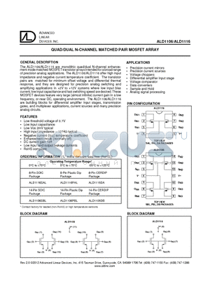 ALD1106PBL datasheet - QUAD/DUAL N-CHANNEL MATCHED PAIR MOSFET ARRAY