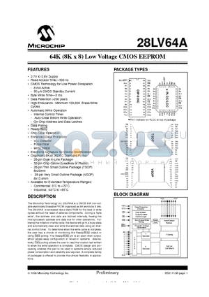 28LV64A-30/P datasheet - 64K (8K x 8) Low Voltage CMOS EEPROM