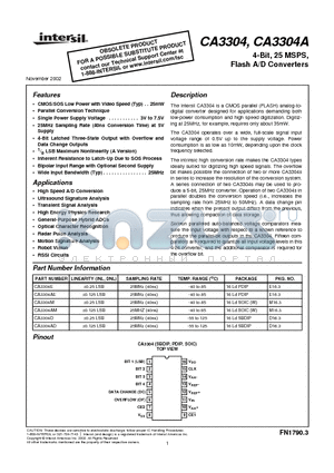 CA3304 datasheet - 4-Bit, 25 MSPS, Flash A/D Converters