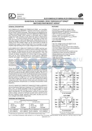 ALD110800 datasheet - QUAD/DUAL N-CHANNEL ZERO THRESHOLD EPAD MATCHED PAIR MOSET ARRAY