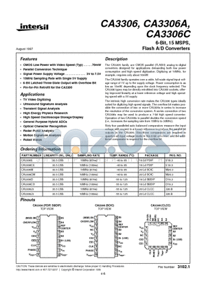 CA3306 datasheet - 6-Bit, 15 MSPS, Flash A/D Converters