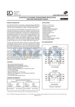 ALD110814 datasheet - QUAD/DUAL N-CHANNEL ENHANCEMENT MODE EPAD MATCHED PAIR MOSFET ARRAY