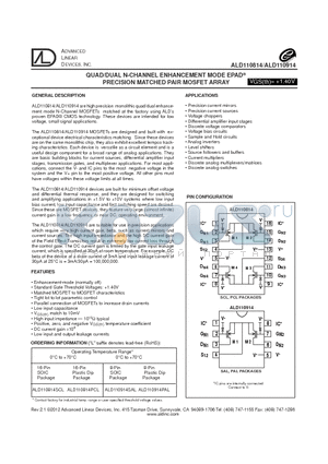 ALD110814PCL datasheet - QUAD/DUAL N-CHANNEL ENHANCEMENT MODE EPAD PRECISION MATCHED PAIR MOSFET ARRAY