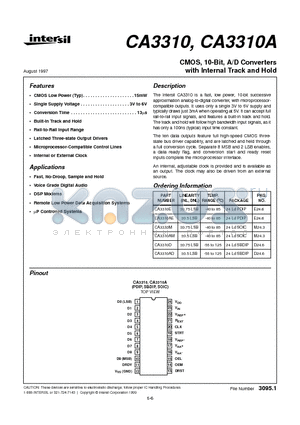 CA3310A datasheet - CMOS, 10-Bit, A/D Converters with Internal Track and Hold