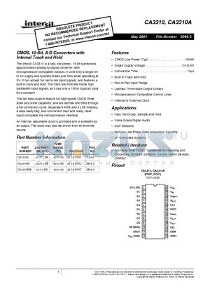 CA3310AM datasheet - CMOS, 10-Bit, A/D Converters with Internal Track and Hold