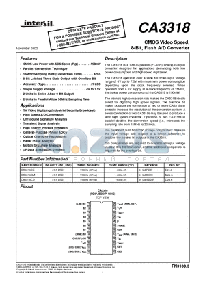 CA3318 datasheet - CMOS Video Speed, 8-Bit, Flash A/D Converter