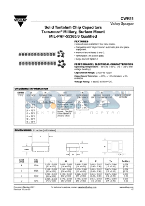 CWR11KH155JBA datasheet - Solid Tantalum Chip Capacitors TANTAMOUNT Military, Surface Mount MIL-PRF-55365/8 Qualified