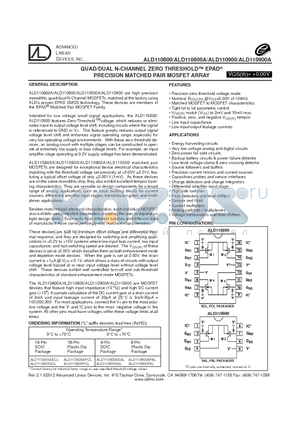 ALD110900APAL datasheet - QUAD/DUAL N-CHANNEL ZERO THRESHOLD EPAD^ PRECISION MATCHED PAIR MOSFET ARRAY