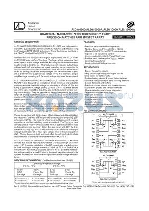 ALD110900PAL datasheet - QUAD/DUAL N-CHANNEL ZERO THRESHOLD EPAD^ PRECISION MATCHED PAIR MOSFET ARRAY