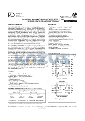 ALD110904 datasheet - QUAD/DUAL N-CHANNEL ENHANCEMENT MODE EPAD PRECISION MATCHED PAIR MOSFET ARRAY