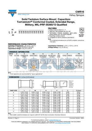 CWR16CB335JTAA datasheet - Solid Tantalum Surface Mount Capacitors TANTAMOUNT Conformal Coated, Extended Range