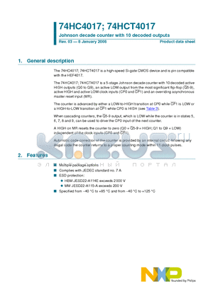 74HC4017 datasheet - Johnson decade counter with 10 decoded outputs