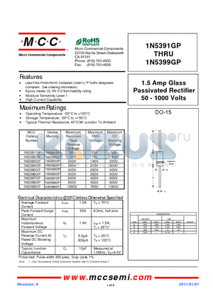 1N5399GP datasheet - 1.5 Amp Glass Passivated Rectifier 50 - 1000 Volts