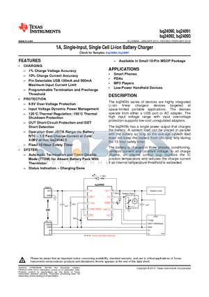 BQ24093 datasheet - 1A, Single-Input, Single Cell Li-Ion Battery Charger
