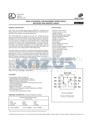 ALD111933 datasheet - DUAL N-CHANNEL ENHANCEMENT MODE EPAD MATCHED PAIR MOSFET ARRAY