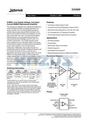 CA3420 datasheet - 0.5MHz, Low Supply Voltage, Low Input Current BiMOS Operational Amplifier