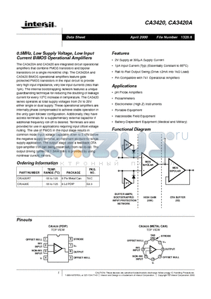 CA3420A datasheet - 0.5MHz, Low Supply Voltage, Low Input Current BiMOS Operational Amplifiers