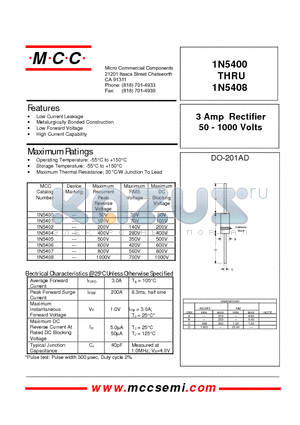 1N5400 datasheet - 3 Amp Rectifier 50 - 1000 Volts