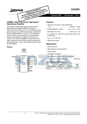 CA3450 datasheet - 220MHz, Video Line Driver, High Speed Operational Amplifier