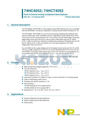 74HC4052 datasheet - Dual 4-channel analog multiplexer/demultiplexer