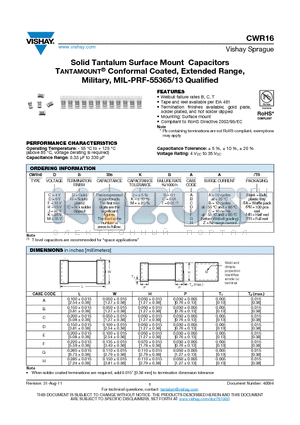 CWR16FH335MCAA datasheet - Solid Tantalum Surface Mount Capacitors TANTAMOUNT Conformal Coated, Extended Range