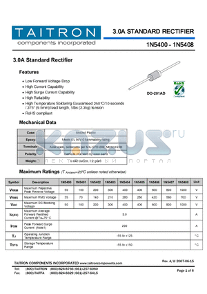 1N5400 datasheet - 3.0A STANDARD RECTIFIER