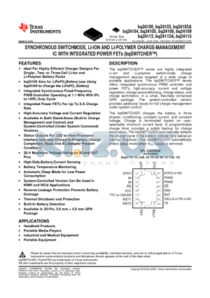 BQ24108RHLR datasheet - SYNCHRONOUS SWITCHMODE, LI-ION AND LI-POLYMER CHARGE-MANAGEMENT IC WITH INTEGRATED POWER FETs (bqSWITCHER)