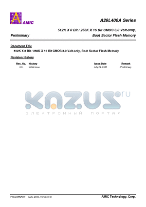 A29L400ATG-70 datasheet - 512K X 8 Bit / 256K X 16 Bit CMOS 3.0 Volt-only, Boot Sector Flash Memory