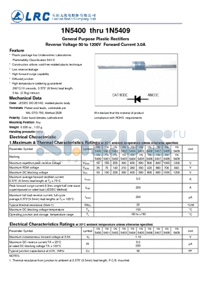 1N5400 datasheet - General Purpose Plastic Rectifiers Reverse Voltage 50 to 1200V Forward Current 3.0A