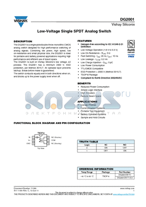 DG2001 datasheet - Low-Voltage Single SPDT Analog Switch