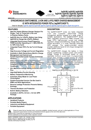 BQ24109 datasheet - SYNCHRONOUS SWITCHMODE, LI-ION AND LI-POLYMER CHARGE-MANAGEMENT IC WITH INTEGRATED POWER FETs ( bqSWITCHER)