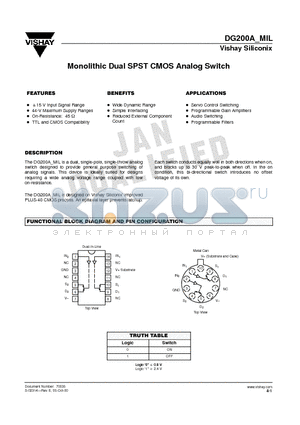 DG200AAK datasheet - Monolithic Dual SPST CMOS Analog Switch