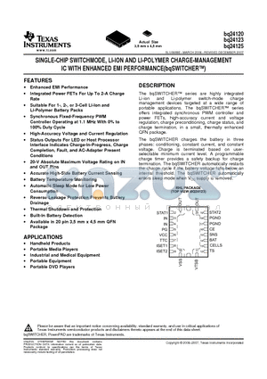 BQ24120RHLT datasheet - SINGLE-CHIP SWITCHMODE, LI-ION AND LI-POLYMER CHARGE-MANAGEMENT IC WITH ENHANCED EMI PERFORMANCE(bqSWITCHER)