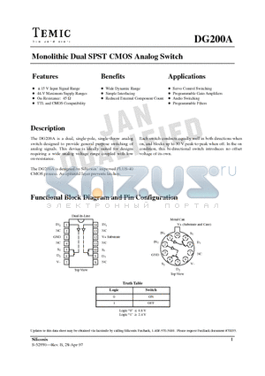 DG200ABK datasheet - Monolithic Dual SPST CMOS Analog Switch