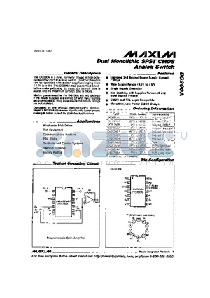 DG200ABK datasheet - Dual Monolithic SPST CMOS Analog Switch
