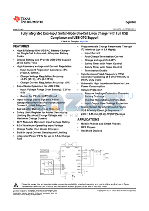 BQ24140 datasheet - Fully Integrated Dual-Input Switch-Mode One-Cell Li-Ion Charger with Full USB Compliance and USB-OTG Support