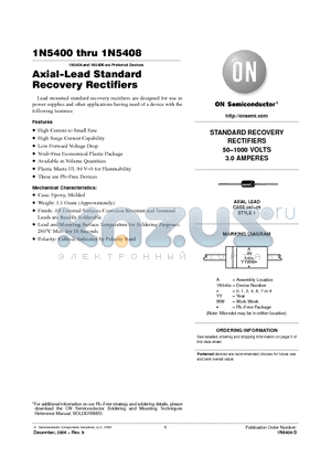 1N5400RLG datasheet - Axial−Lead Standard Recovery Rectifiers
