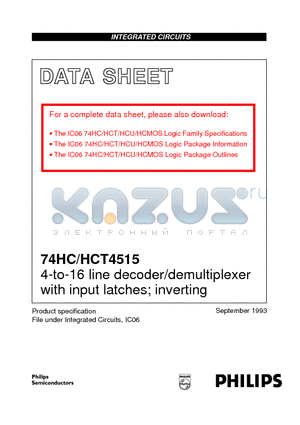 74HC4515N datasheet - 4-to-16 line decoder/demultiplexer with input latches; inverting