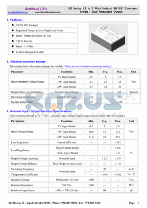 B5-0505S3 datasheet - 1.5 to 3 Watt Isolated DC-DC Converter Single / Dual Regulated Output