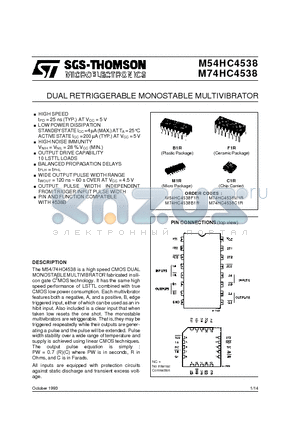 74HC4538 datasheet - DUAL RETRIGGERABLE MONOSTABLE MULTIVIBRATOR