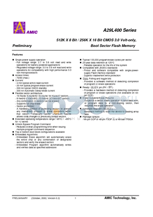 A29L400TG-70 datasheet - 512K X 8 Bit / 256K X 16 Bit CMOS 3.0 Volt-only, Boot Sector Flash Memory