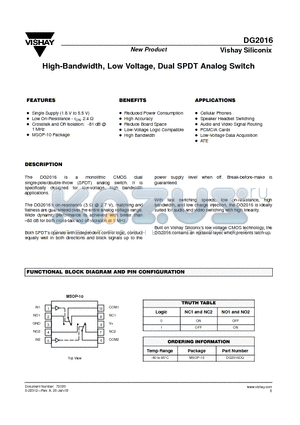 DG2016 datasheet - High-Bandwidth, Low Voltage, Dual SPDT Analog Switch