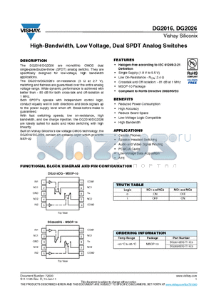 DG2016 datasheet - High-Bandwidth, Low Voltage, Dual SPDT Analog Switches